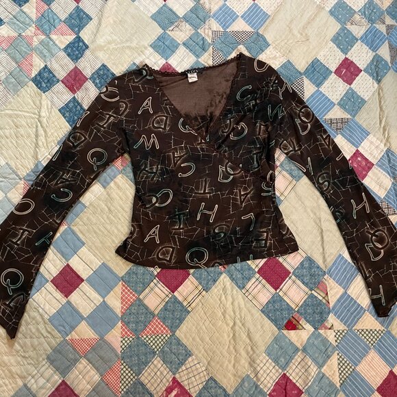 2000s y2k Steps Brand Deep V Wrap Alphabet Print Slinky Knit Bell Sleeve Large - Picture 8 of 16